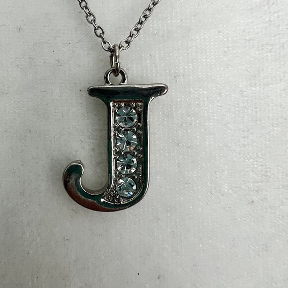 J Initial Rhinestone Studded Adjustable Pendant Necklace on Silver Tone Chain - Picture 4 of 5